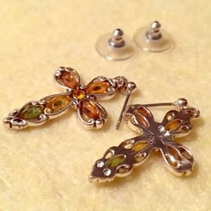 Vintage Gold Cross Earrings Green Yellow Accents